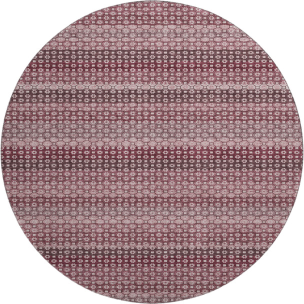 8' X 8' Burgundy Merlot And Pink Striped Washable Round Rug With UV Protection