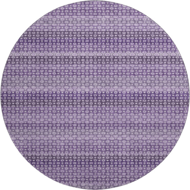 8' X 8' Lavender And Lilac Striped Washable Round Rug With UV Protection