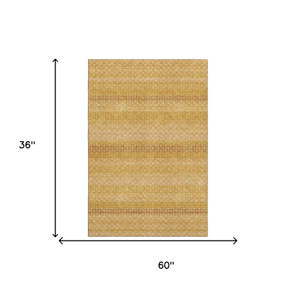 3' X 5' Wheat Gold And Beige Striped Washable Area Rug With UV Protection