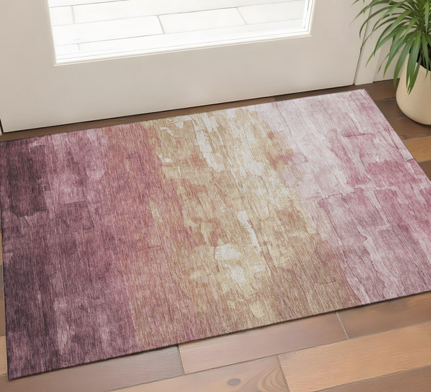 3' X 5' Mauve Beige And Pink Striped Washable Area Rug With UV Protection