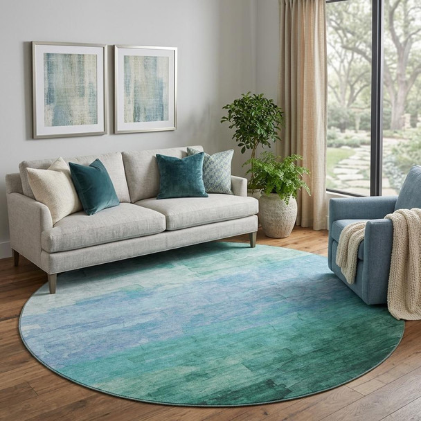 8' X 8' Teal And Aqua Striped Washable Round Rug With UV Protection