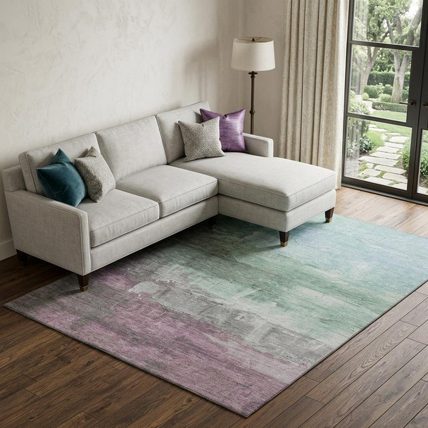 9' X 12' Artichoke Green Pale Aqua And Blush Abstract Washable Area Rug With UV Protection