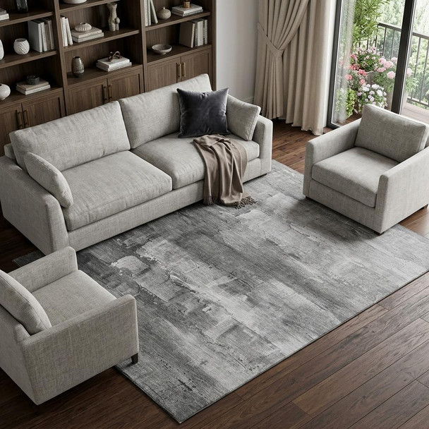 9' X 12' Gray Silver And Charcoal Abstract Washable Area Rug With UV Protection