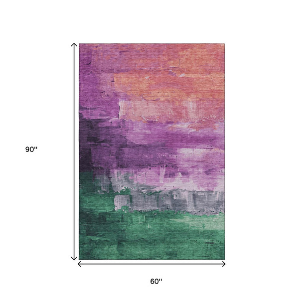 5' X 8' Purple Emerald And Coral Abstract Washable Area Rug With UV Protection