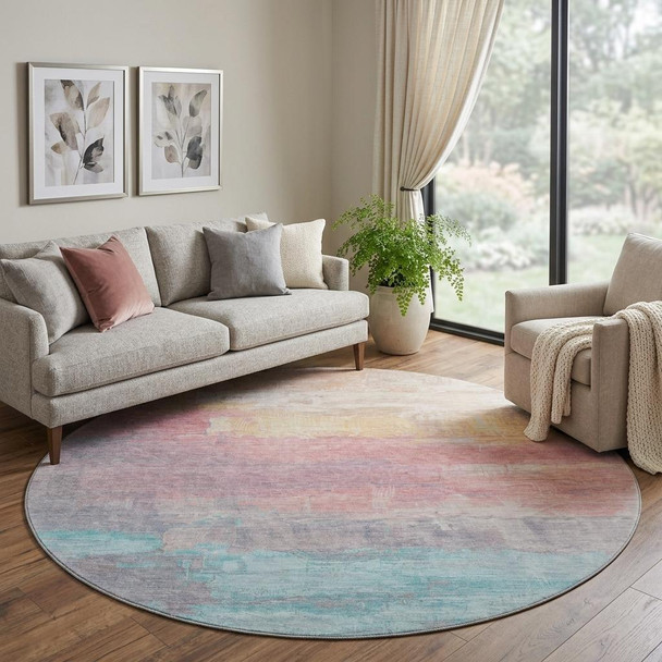 8' X 8' Salmon Silver And Teal Abstract Washable Round Rug With UV Protection