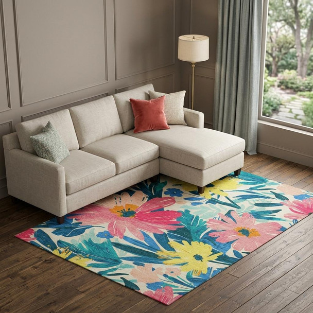 9' X 12' Blush Yellow And Blue Floral Washable Area Rug With UV Protection