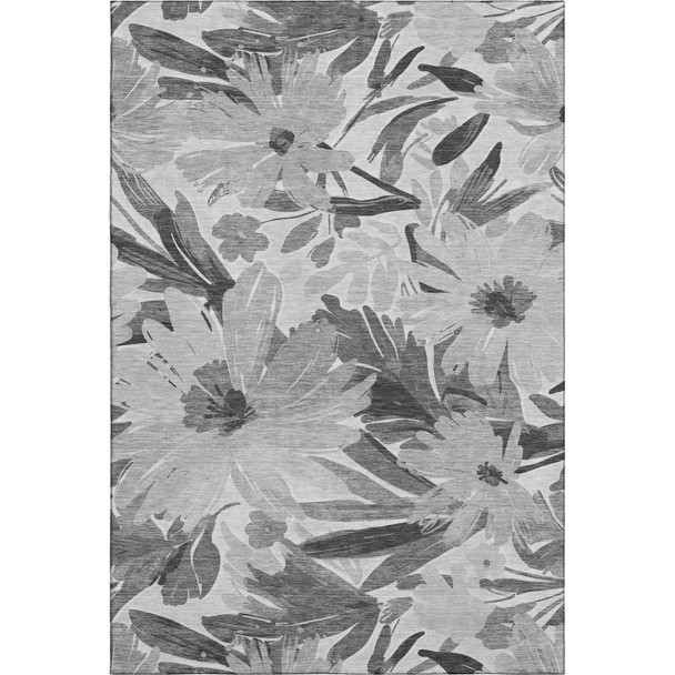 3' X 5' Gray Silver And Charcoal Floral Washable Area Rug With UV Protection