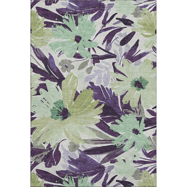 5' X 8' Purple Green And Ivory Floral Washable Area Rug With UV Protection