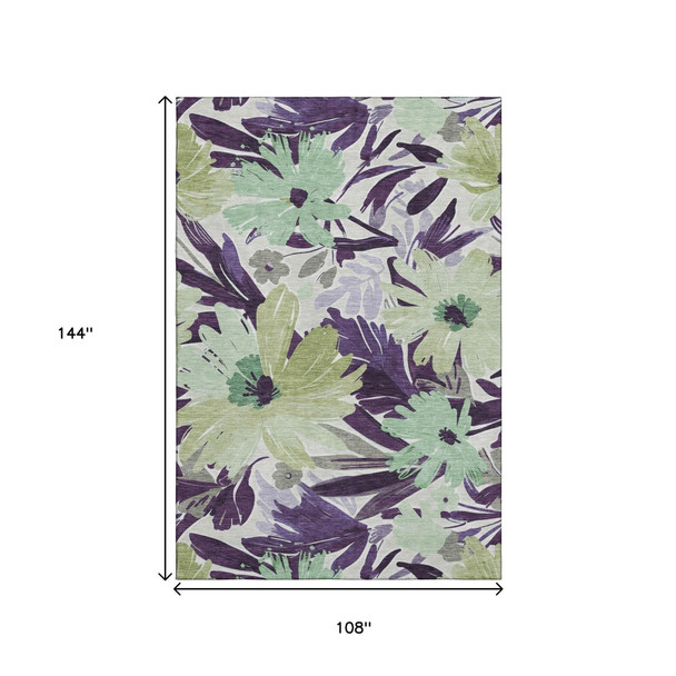 9' X 12' Purple Green And Ivory Floral Washable Area Rug With UV Protection