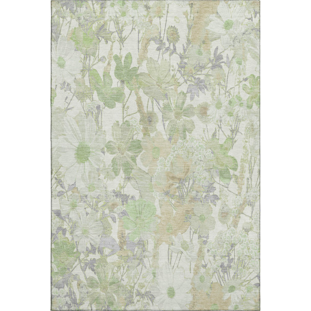 8' Artichoke Green Ivory And Lavender Floral Washable Area Rug With UV Protection