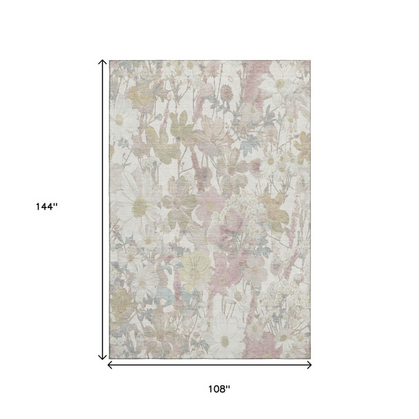9' X 12' Ivory Beige And Linen Floral Washable Area Rug With UV Protection