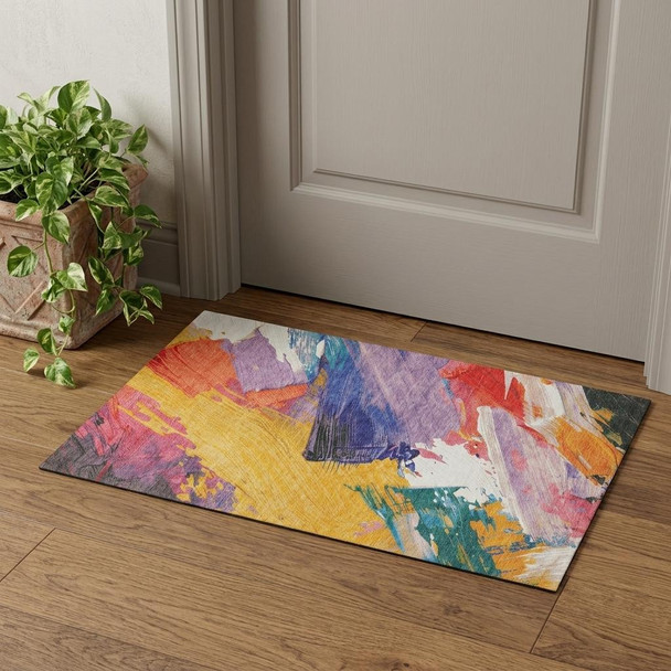 3' X 5' Gold Purple Teal And Red Abstract Washable Area Rug With UV Protection
