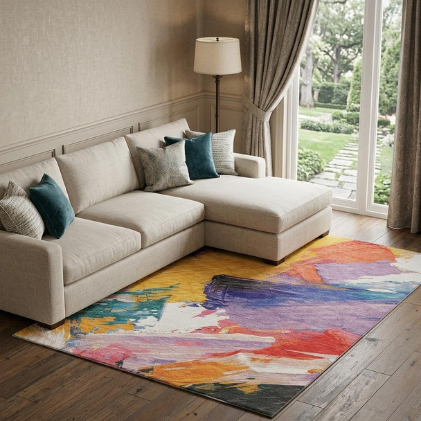 8' Gold Purple Teal And Red Abstract Washable Area Rug With UV Protection