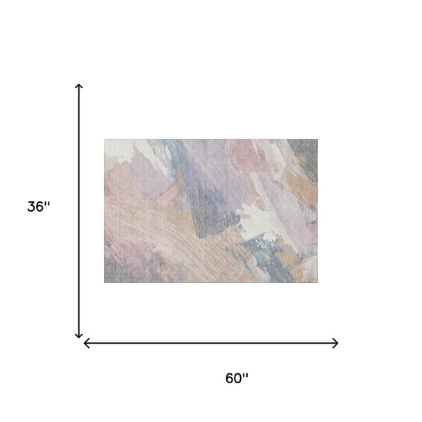 3' X 5' Pink Ivory And Beige Abstract Washable Area Rug With UV Protection