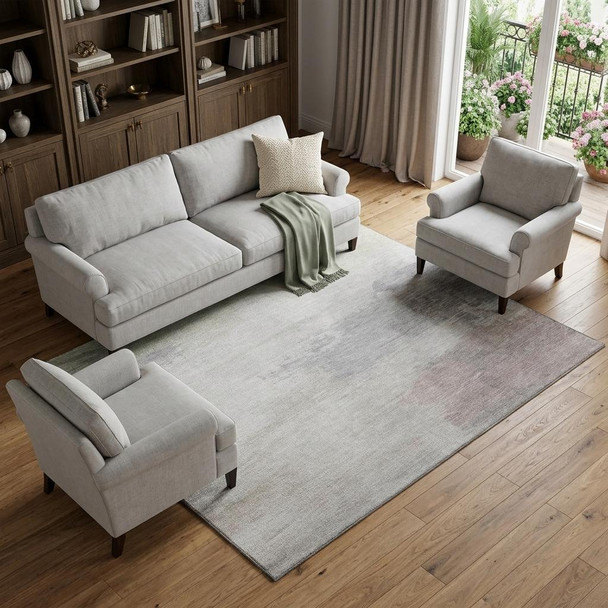 8' Beige Gray And Silver Abstract Washable Area Rug With UV Protection