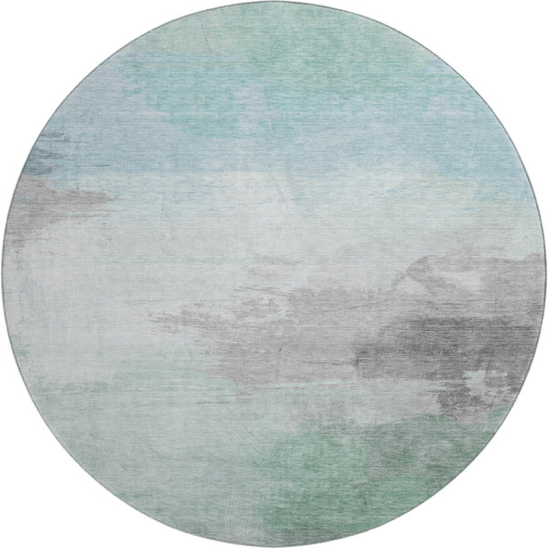 8' X 8' Pale Aqua Gray And Silver Abstract Washable Round Rug With UV Protection