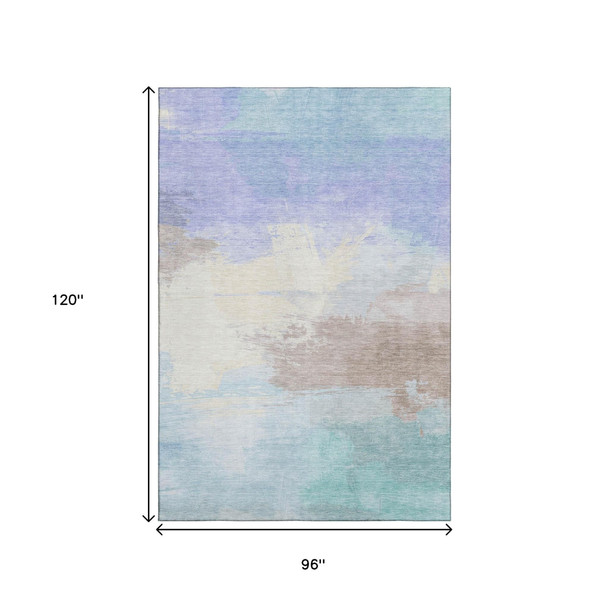 8' Sky Blue Lavender And Beige Abstract Washable Area Rug With UV Protection