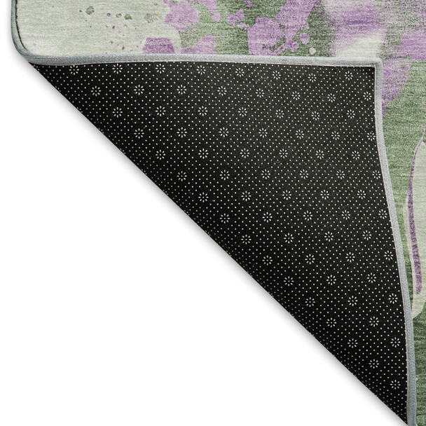 8' X 8' Artichoke Green Lavender And Ivory Abstract Washable Round Rug With UV Protection