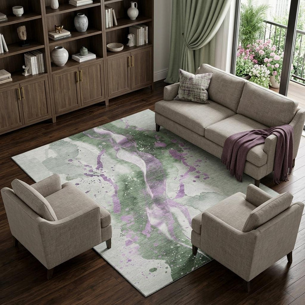 9' X 12' Artichoke Green Lavender And Ivory Abstract Washable Area Rug With UV Protection