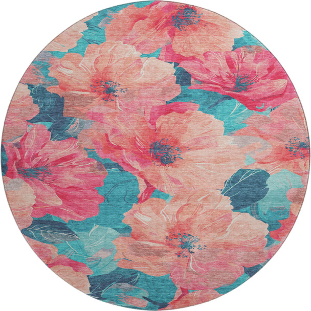 8' X 8' Salmon And Teal Floral Washable Round Rug With UV Protection
