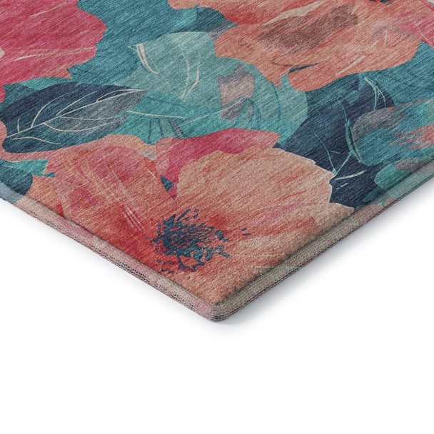 10' X 14' Salmon And Teal Floral Washable Area Rug With UV Protection
