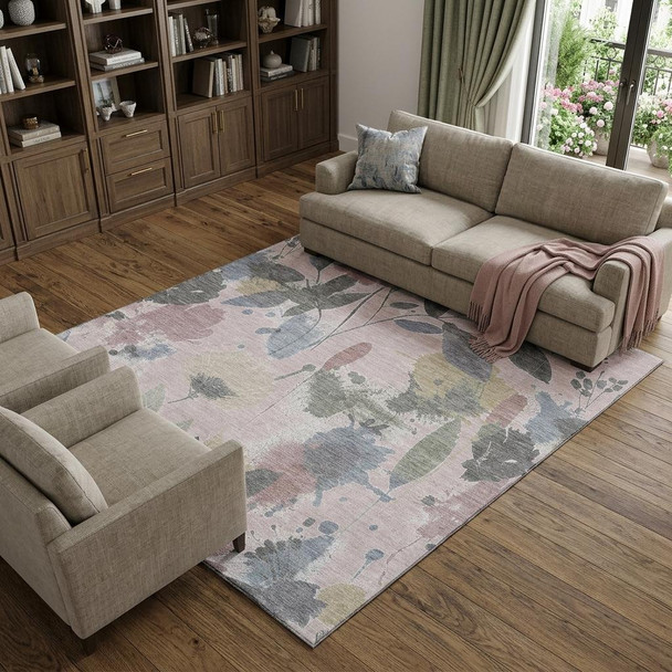 10' X 14' Blush Mauve And Gray Floral Washable Area Rug With UV Protection