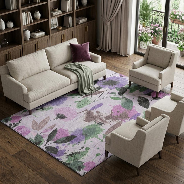 9' X 12' Lavender Green And Mauve Floral Washable Area Rug With UV Protection
