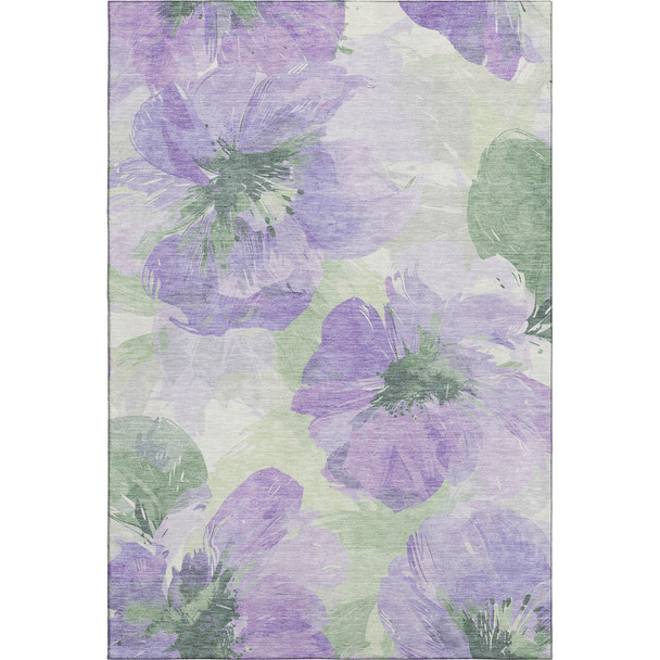5' X 8' Lavender And Green Floral Washable Area Rug With UV Protection