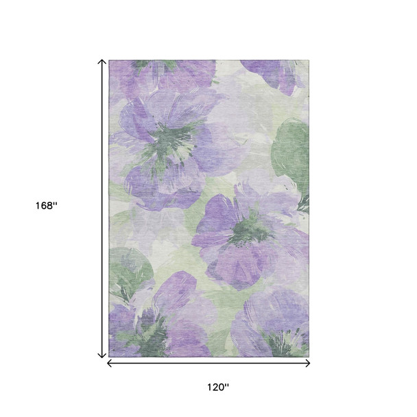 10' X 14' Lavender And Green Floral Washable Area Rug With UV Protection
