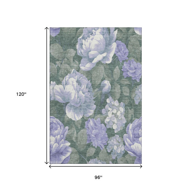 8' Lavender Green And Ivory Floral Washable Area Rug With UV Protection