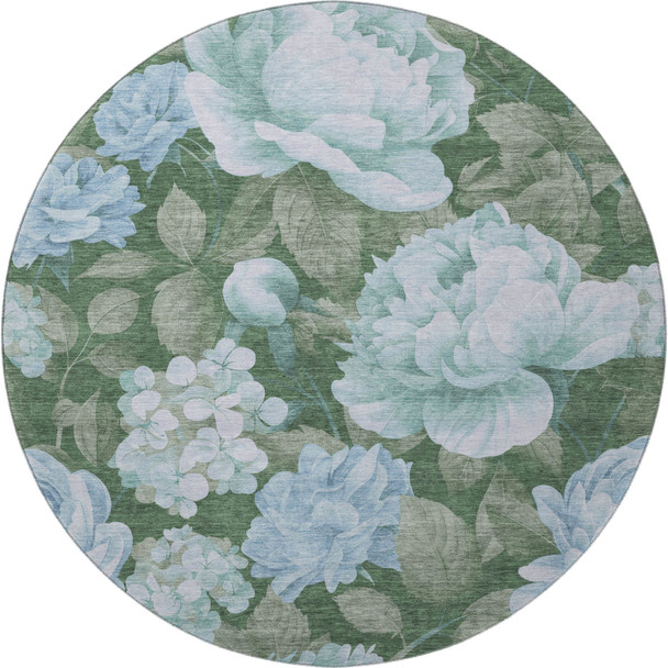 8' X 8' Sky Blue And Taupe Floral Washable Round Rug With UV Protection