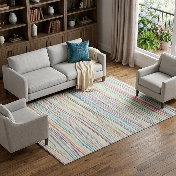 9' X 12' Ivory Red Yellow And Green Striped Washable Area Rug With UV Protection