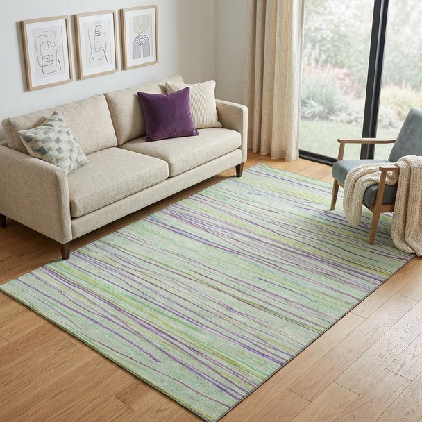 5' X 8' Mint Green Lavender And Lime Green Striped Washable Area Rug With UV Protection