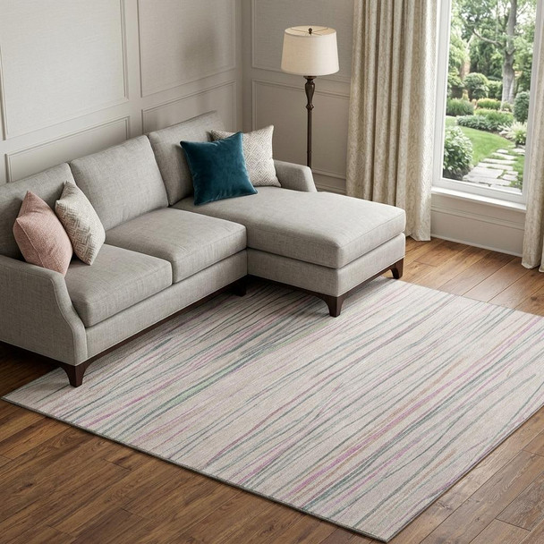 9' X 12' Pink Mint Green And Ivory Striped Washable Area Rug With UV Protection