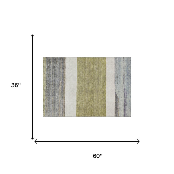 3' X 5' Artichoke Green Ivory And Gray Striped Washable Area Rug With UV Protection