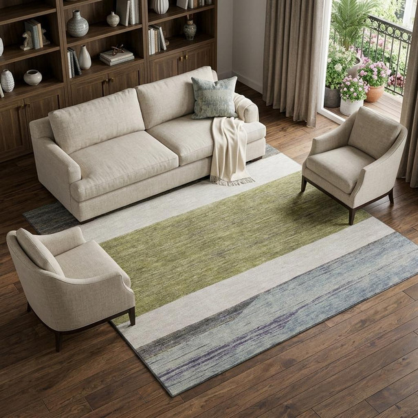 8' X 10' Artichoke Green Ivory And Gray Striped Washable Area Rug With UV Protection