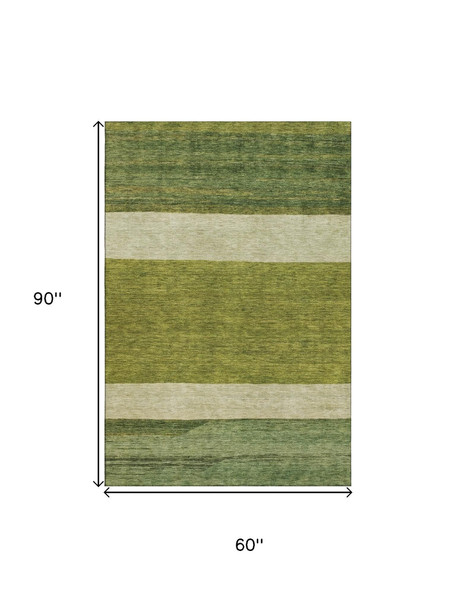 5' X 8' Olive Green And Ivory Striped Washable Area Rug With UV Protection