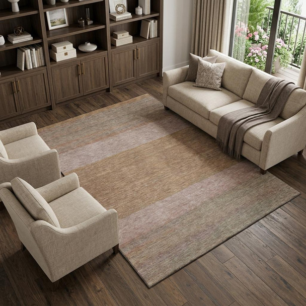 9' X 12' Salmon Rust And Gray Striped Washable Area Rug With UV Protection