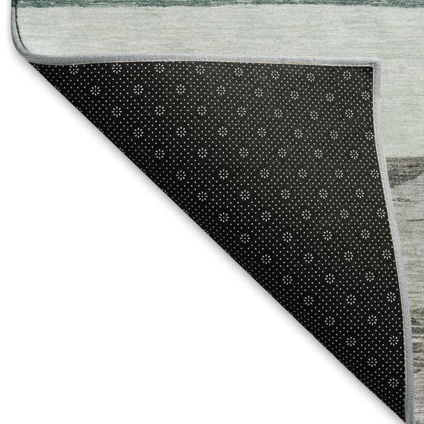 8' Teal Ivory And Gray Striped Washable Round Rug With UV Protection