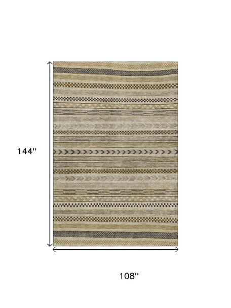 9' X 12' Chocolate Gray And Ivory Striped Washable Area Rug With UV Protection