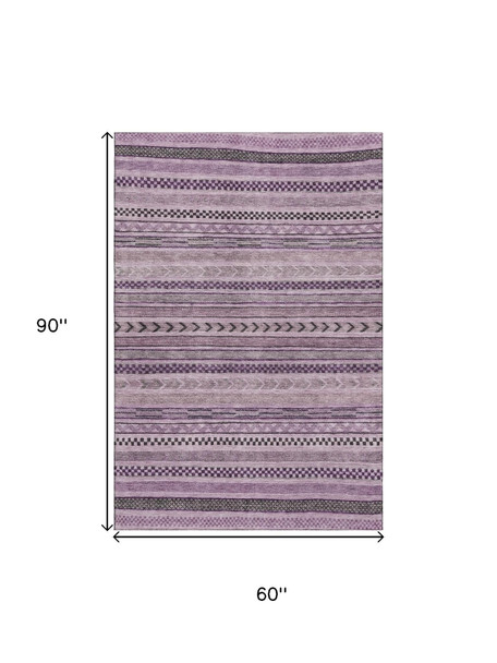 5' X 8' Plum And Gray Striped Washable Area Rug With UV Protection