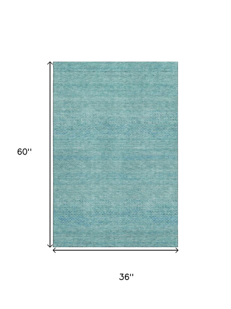 3' X 5' Aqua And Teal Striped Washable Area Rug With UV Protection