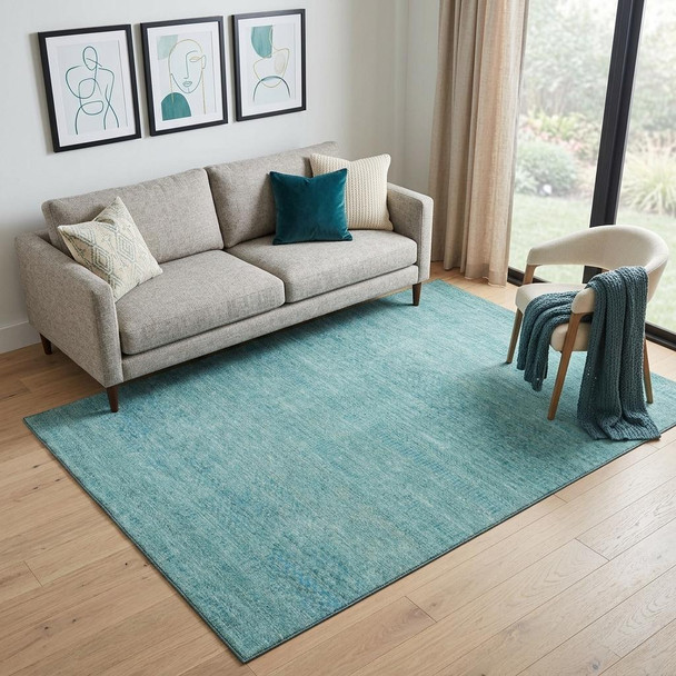 5' X 8' Aqua And Teal Striped Washable Area Rug With UV Protection