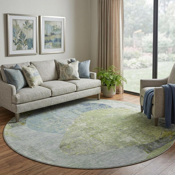 8' Green Purple And Silver Abstract Washable Round Rug With UV Protection