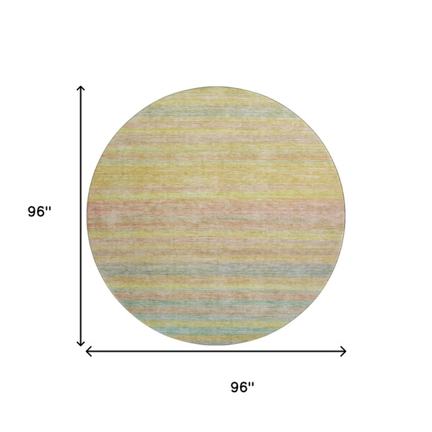 8' Gold Blush And Teal Striped Washable Round Rug With UV Protection