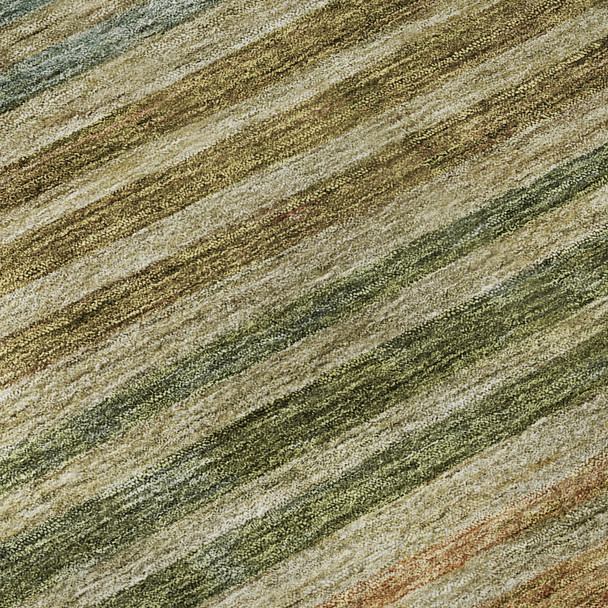 3' X 5' Artichoke Green Copper And Gray Striped Washable Area Rug With UV Protection