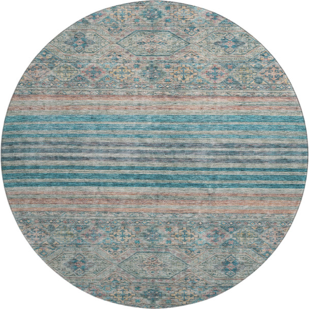 8' Teal Peach And Gray Striped Washable Round Rug With UV Protection