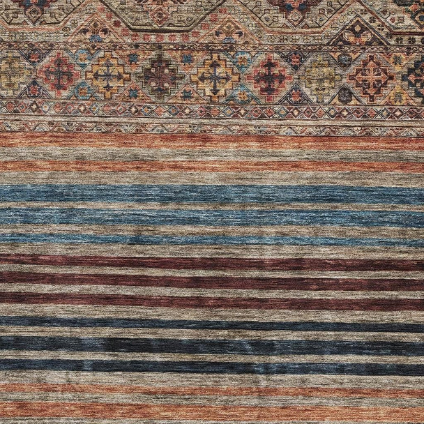 8' X 10' Taupe Brown And Blue Striped Washable Area Rug With UV Protection
