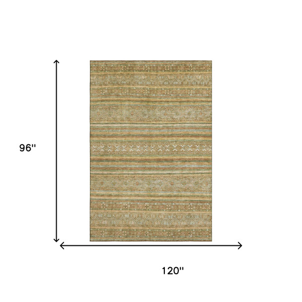 8' X 10' Artichoke Green Gold And Gray Striped Washable Area Rug With UV Protection