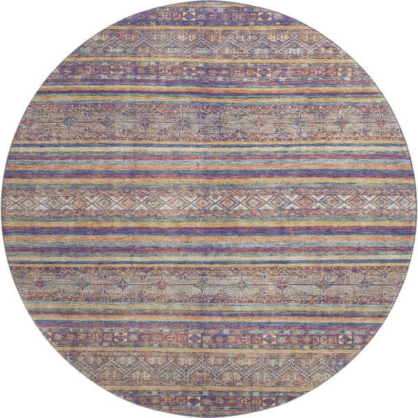 8' Blue Beige And Gray Striped Washable Round Rug With UV Protection
